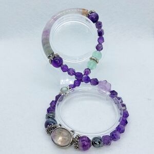 🐱 Fluorite "Kitty" Double Wrap Faceted Amethyst 1/2 Hard Bangle Bracelet